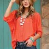 Women's Cinch Orange 1/2 Sleeve Blouse #CTW7390001 -Western Cowboy Equipment Store 6e455c04fc8515a7a574107126412a30